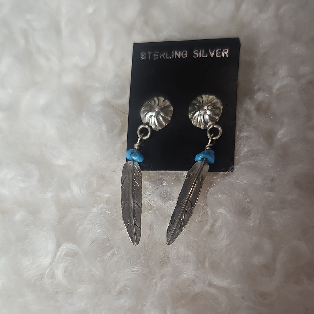 Navajo Sterling Silver Feather Earrings - Turquoise Color Accents.
